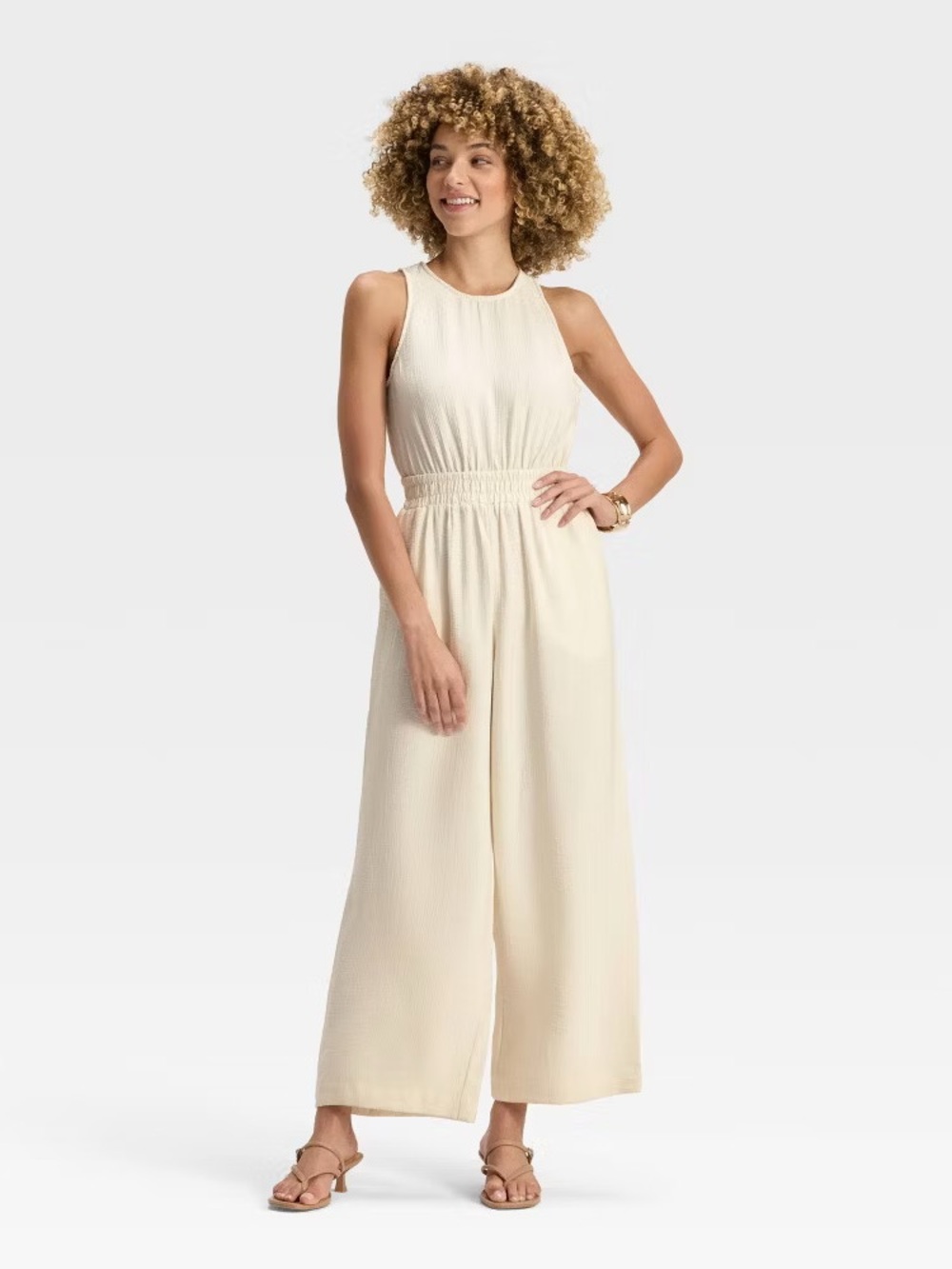 A New Day Modern Gauze Cream High-Neck Wide-Leg Jumpsuit